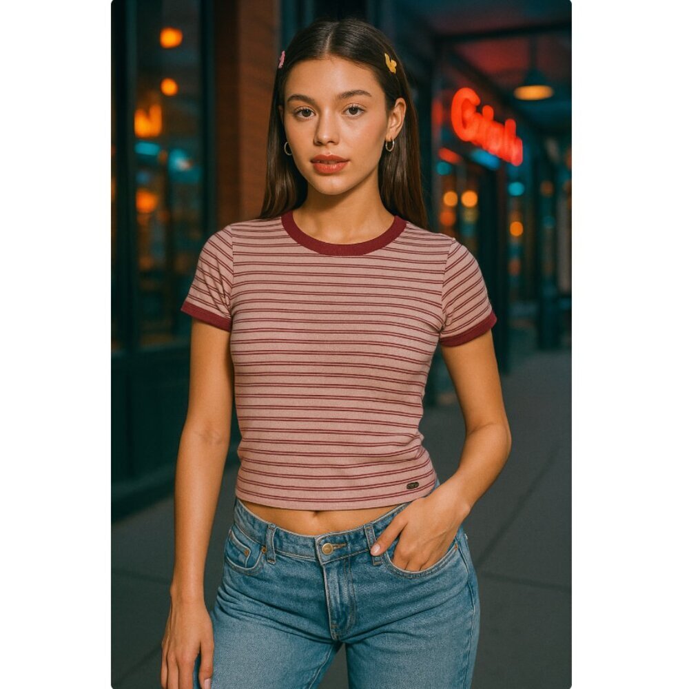 American Eagle Outfitters Striped Maroon and Pink Short Sleeve Tee